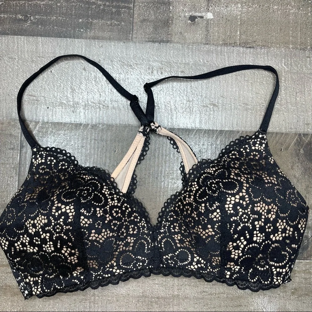 Aerie Black Lace Overlay Racerback Bra 32C